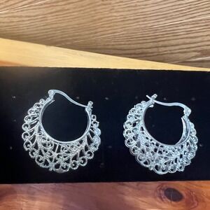 Vintage Silver Tone Thick Intricate Cutout Filigree Half Hoop Clasp Earrings